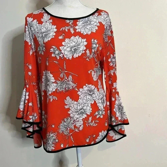 Coco Bianca Orange Floral Blouse with 3/4 Flounce Sleeves Women’s Size M - Picture 1 of 9
